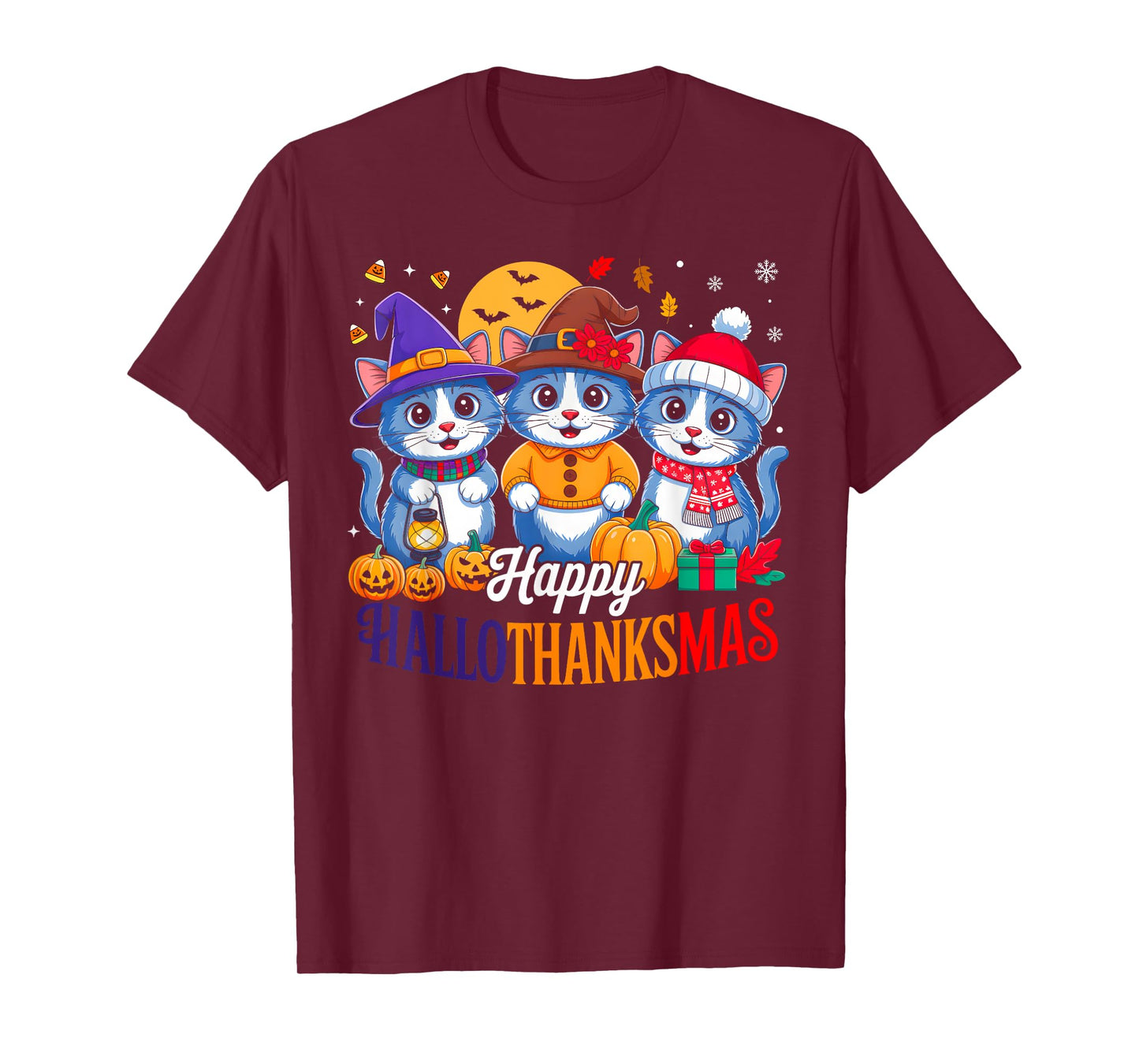 Happy Hallothanksmas Shirt Cat Lover Halloween Thanksgiving T-Shirt