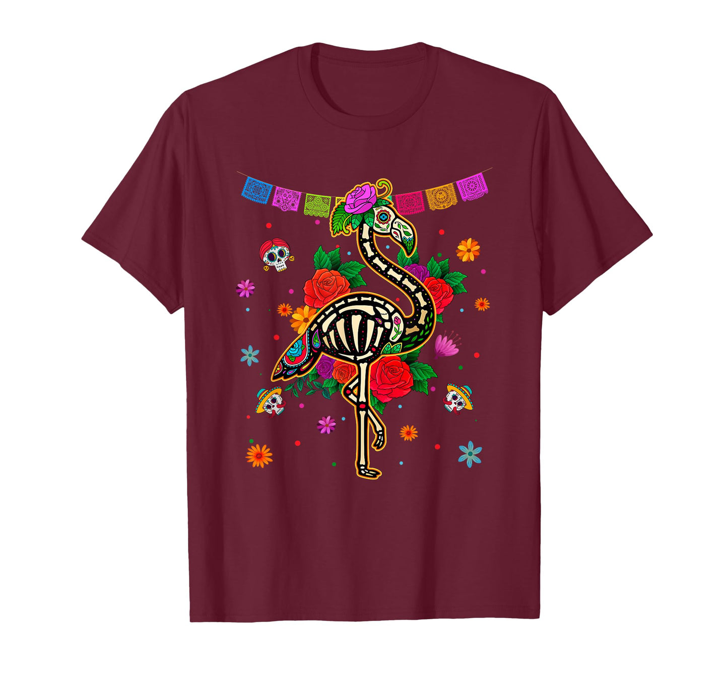 Sugar Skull Pink Flamingo Flowers Dia de Muertos Halloween T-Shirt