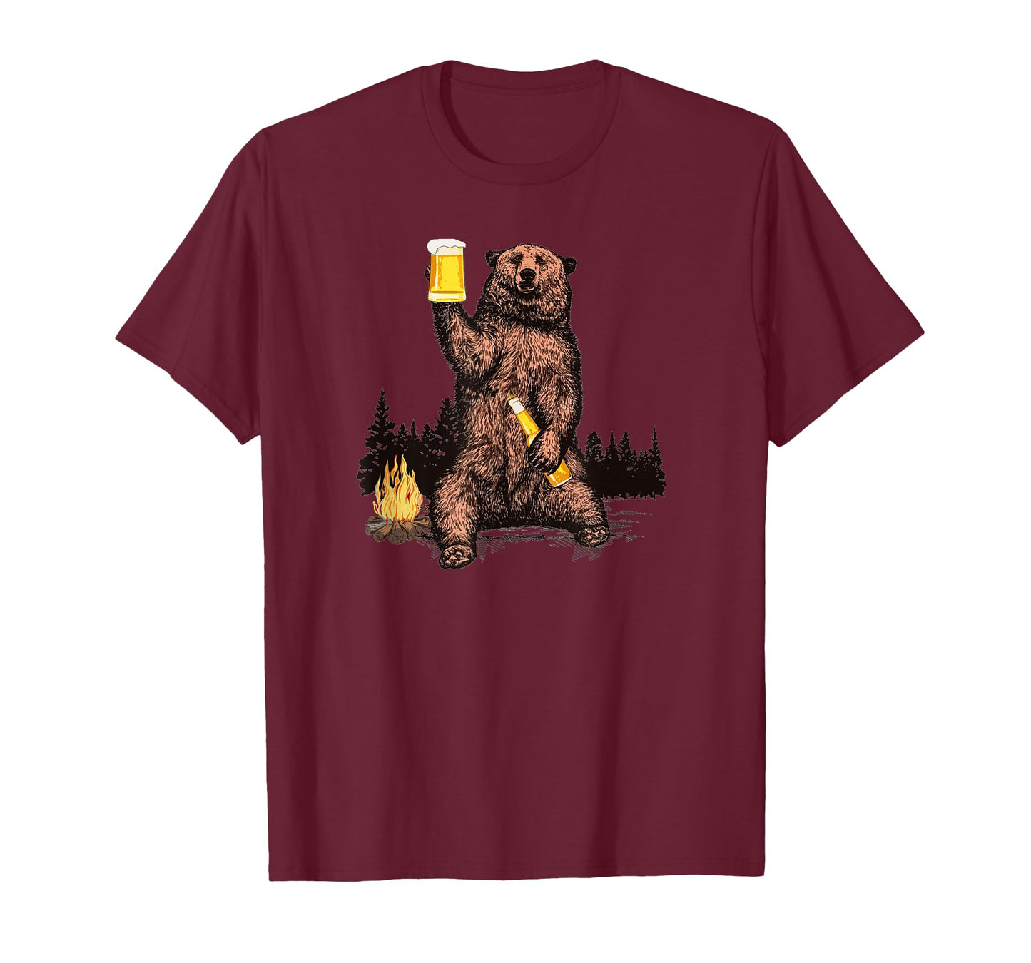 Bear Drinking Beer Camp Fire Woods Outdoor Funny Grizzly T-Shirt