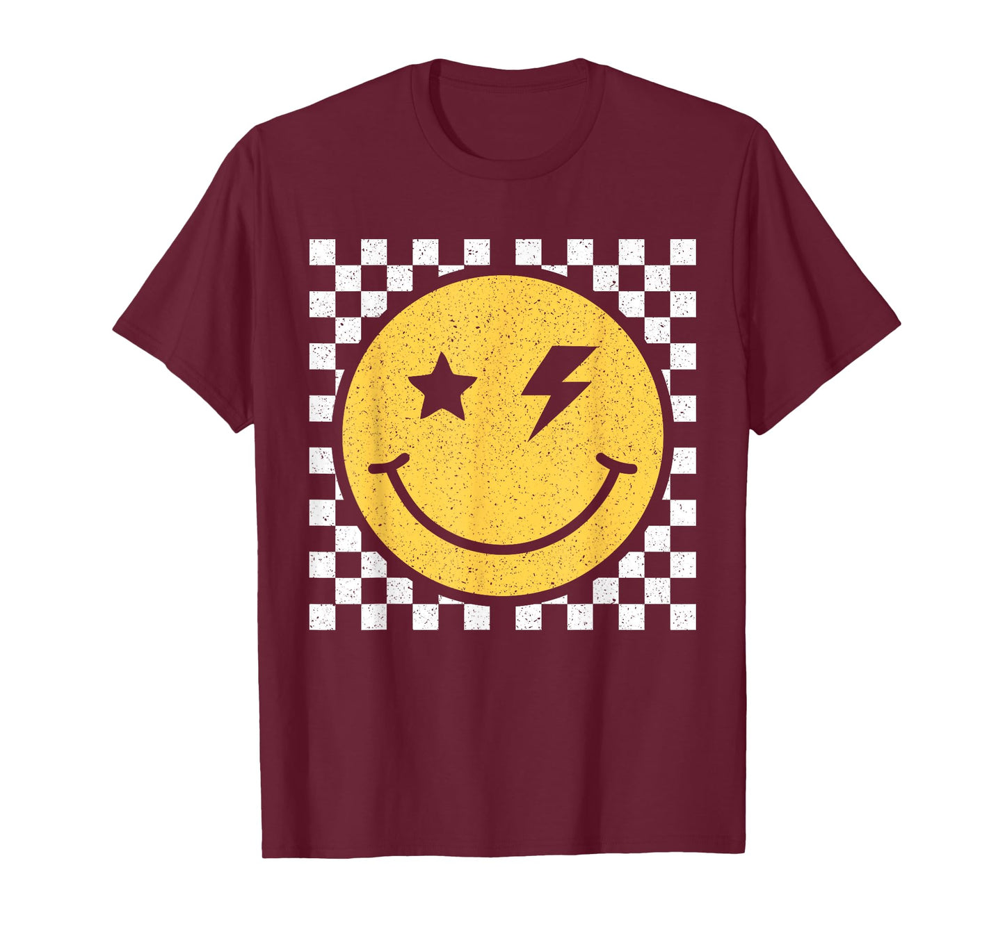 Retro Yellow Happy Face Checkered Pattern Smile Face Trendy T-Shirt