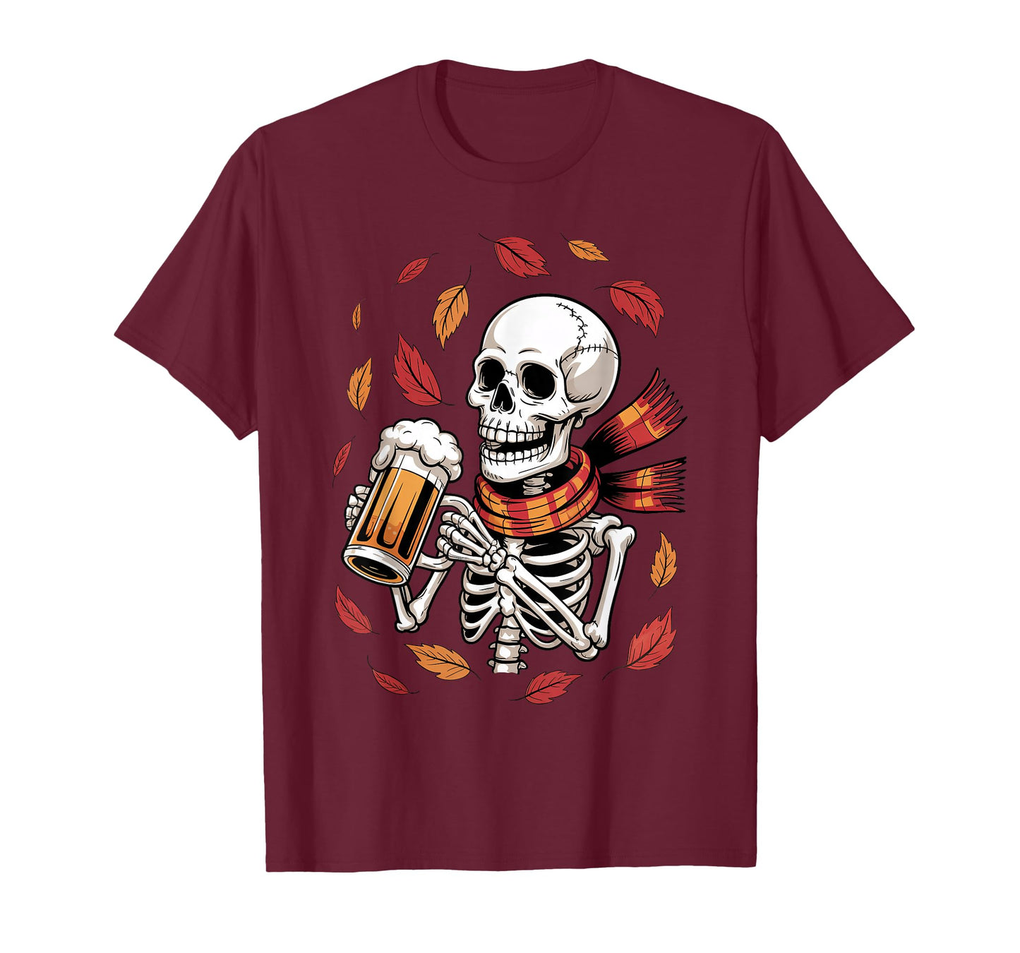 Skeleton Drinking Beer Halloween Autumn Thanksgiving Costume T-Shirt