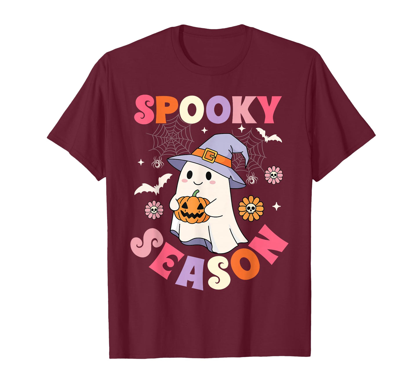 Spooky Season Retro Ghost Holding Pumpkin Halloween Groovy T-Shirt