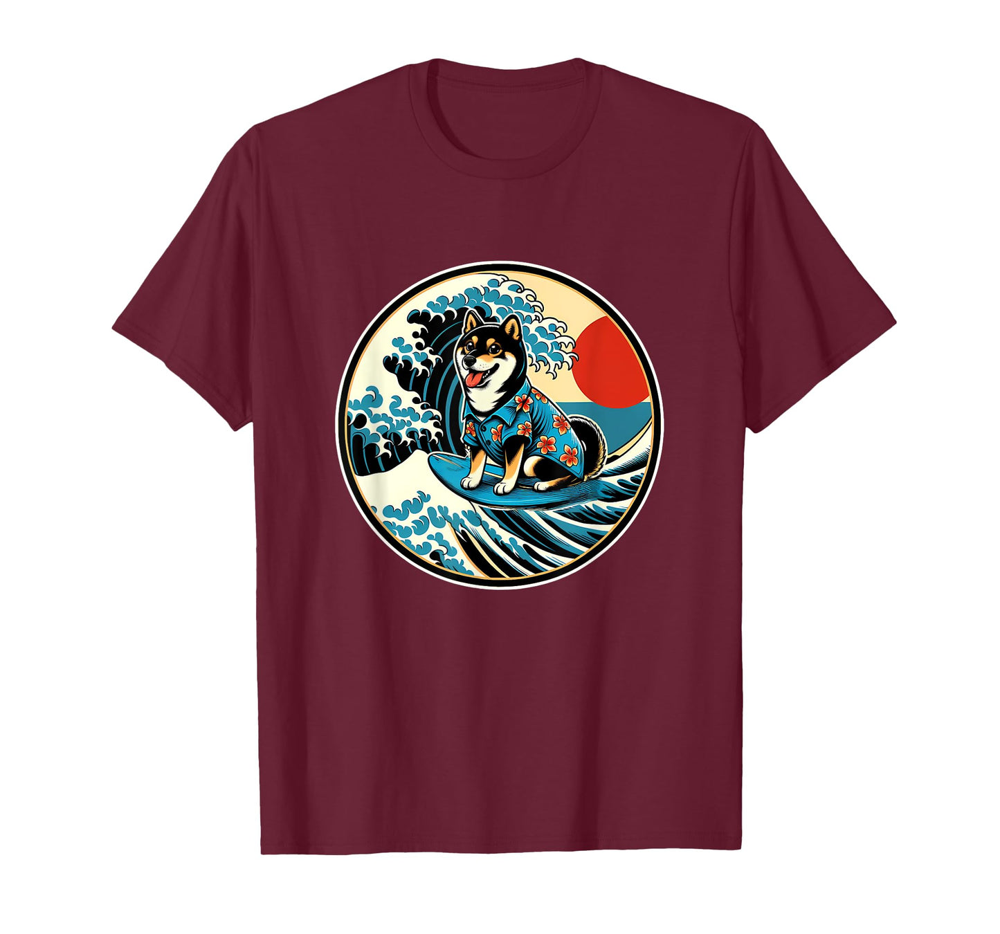 Great Wave Kanagawa Black and tan Shiba Inu Surfing T-Shirt