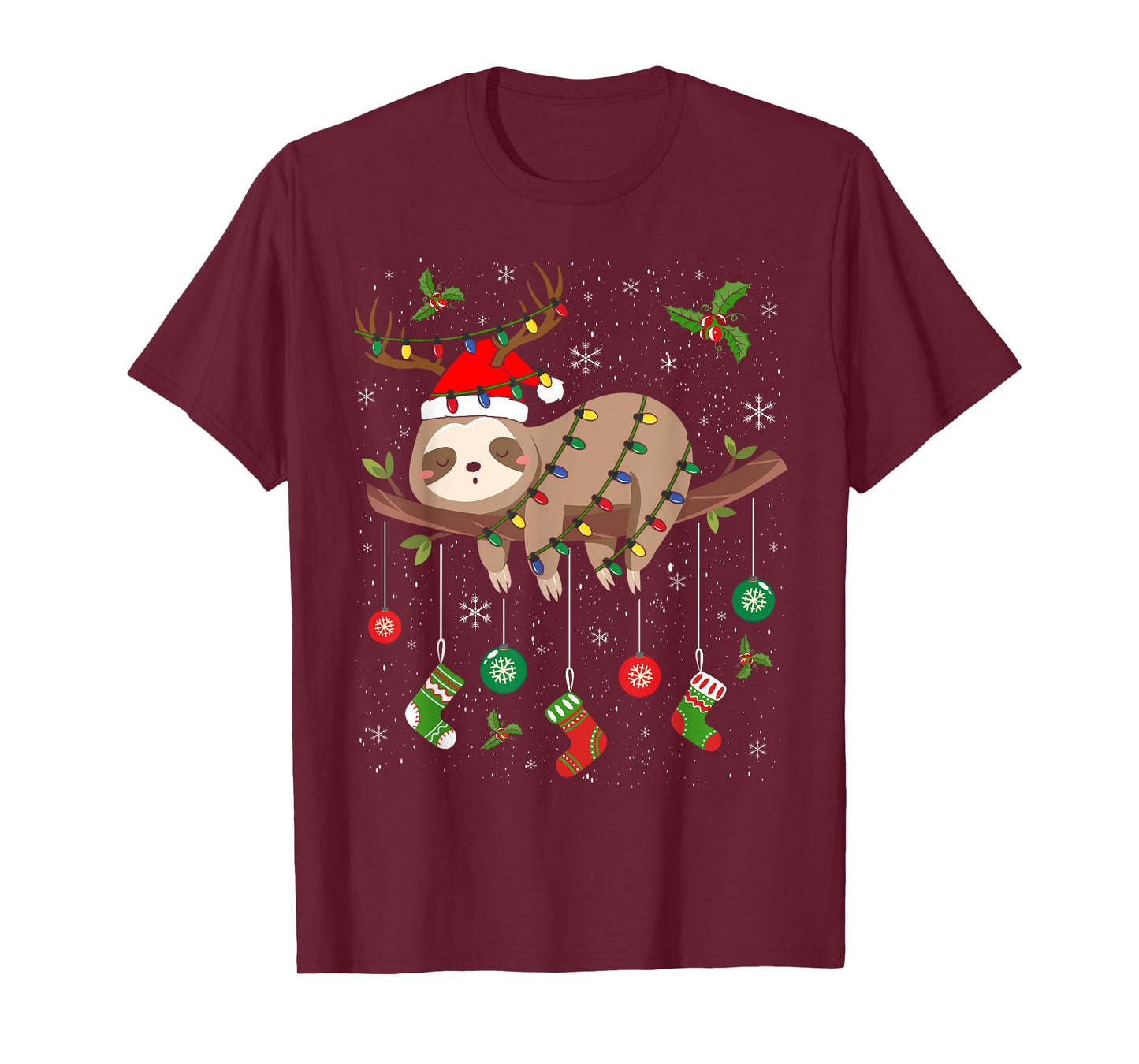 Sloths Xmas Lighting Reindeer Santa Hat Sloth Christmas T-Shirt
