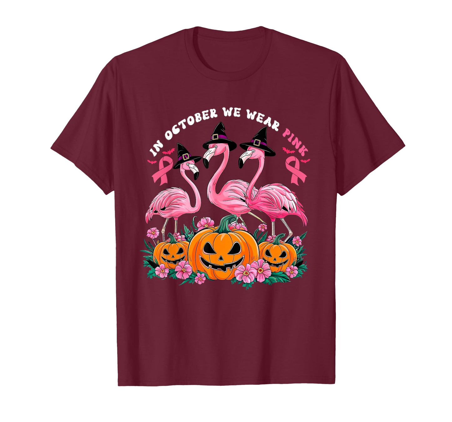 in October We Wear Pink Flamingo Breast Cancer Halloween T-Shirt