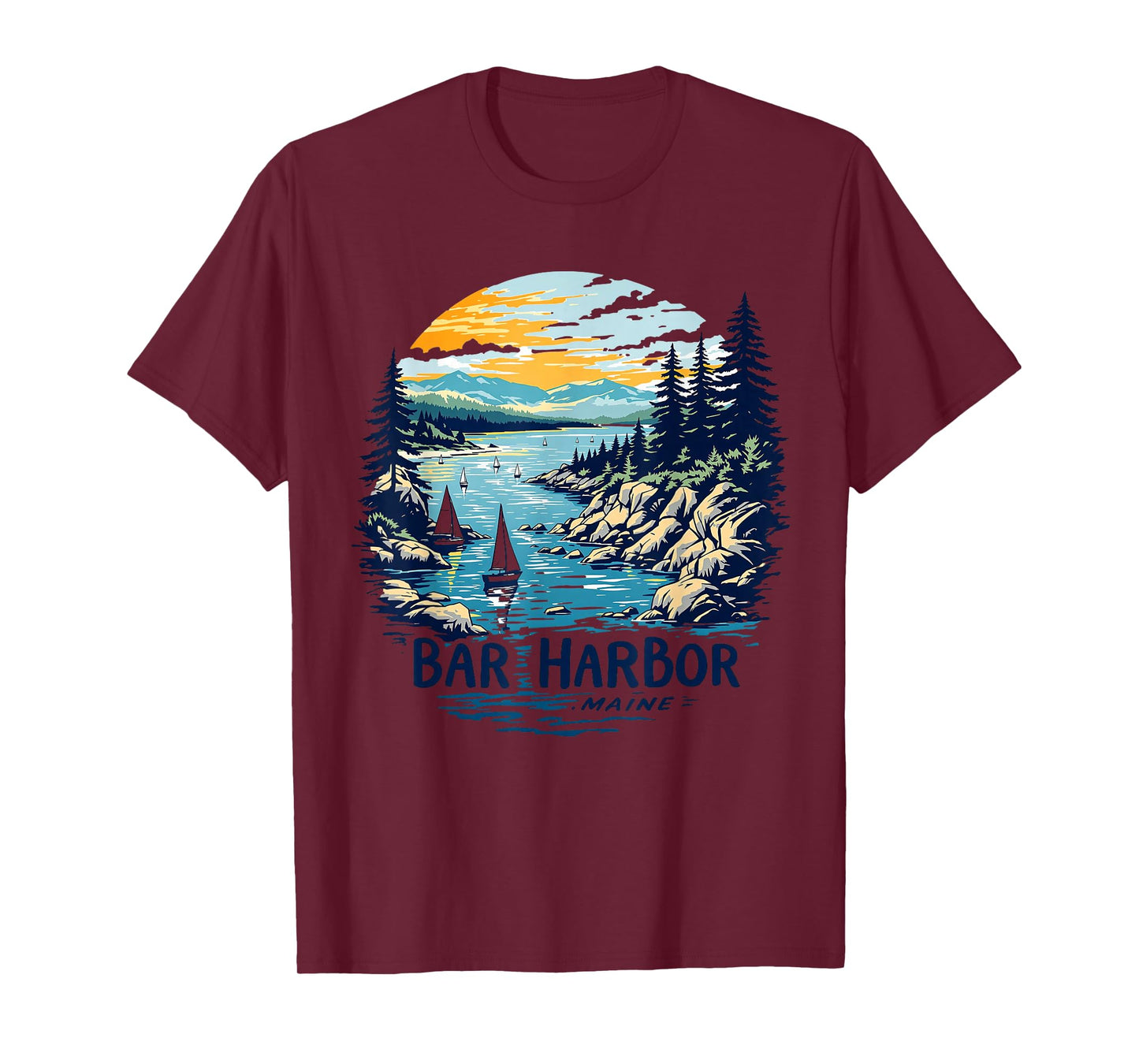 Vintage Bar Harbor Maine Sunset Coastal Cityscape Retro T-Shirt