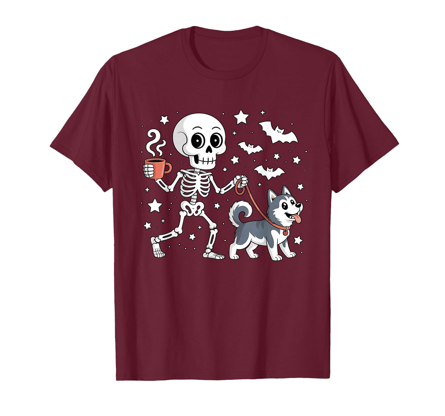 Skeleton Walking Siberian Husky Dog Coffee Funny Halloween T-Shirt