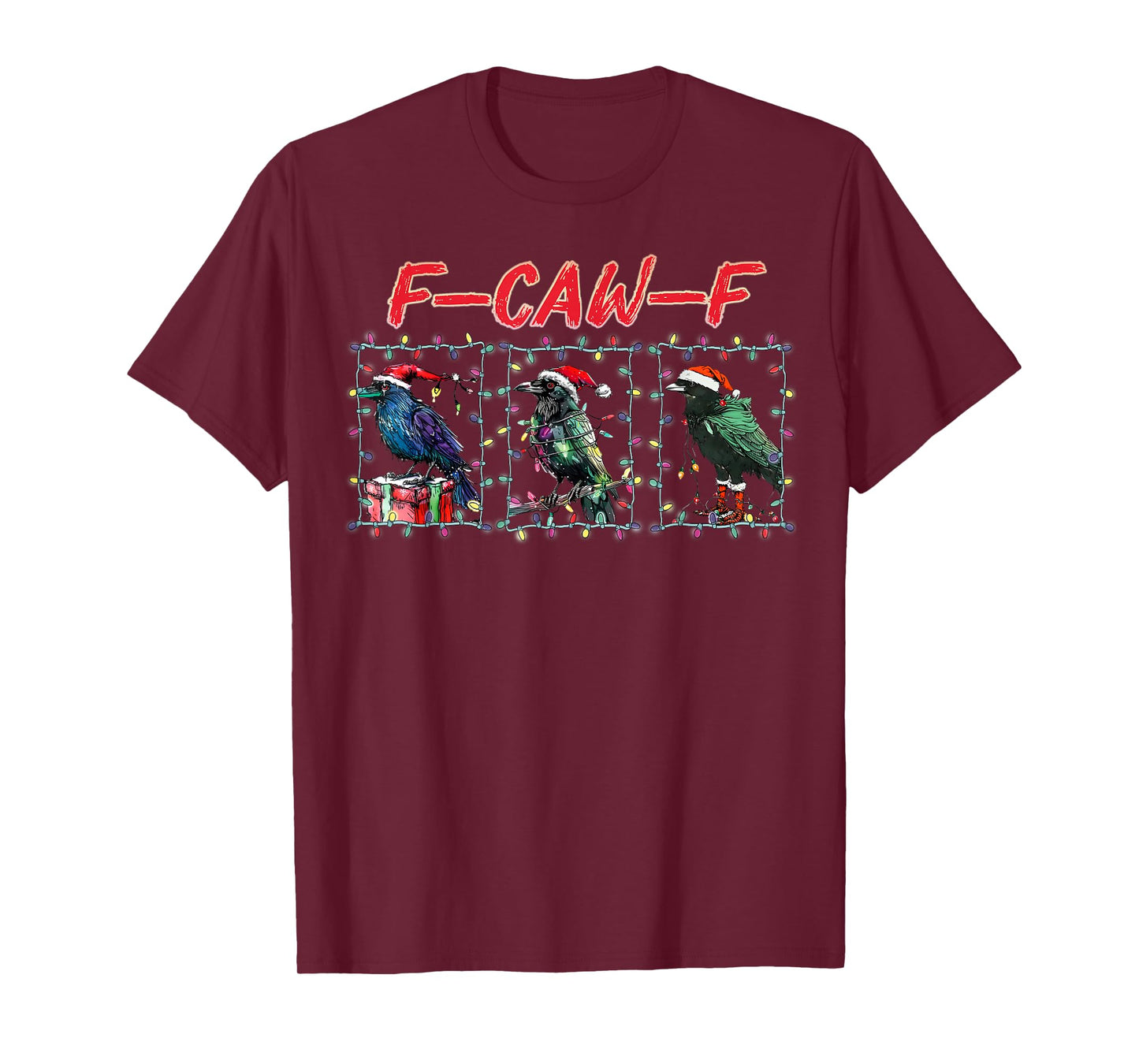 Black Crow F-Caw-F Funny Retro Christmas Lights Santa Hat T-Shirt
