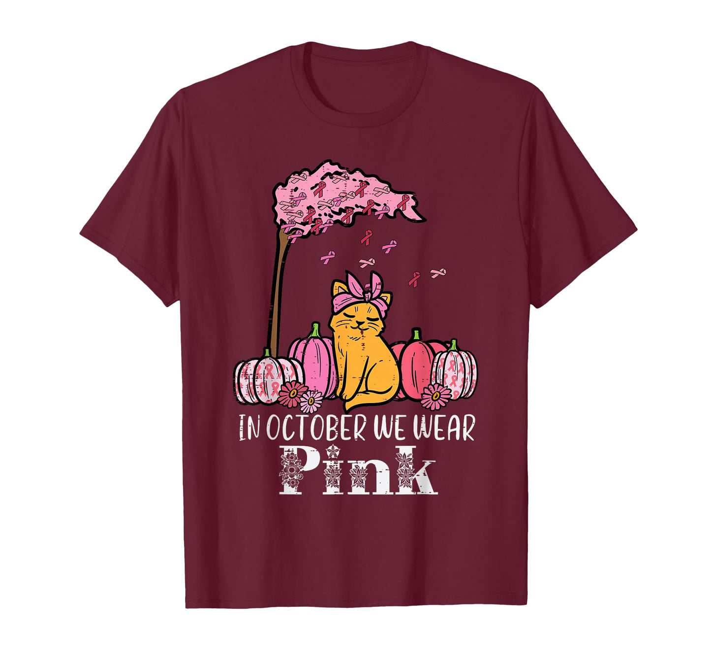 In October We Wear Pink Cat Fall Breast Cancer Awareness T-Shirt
