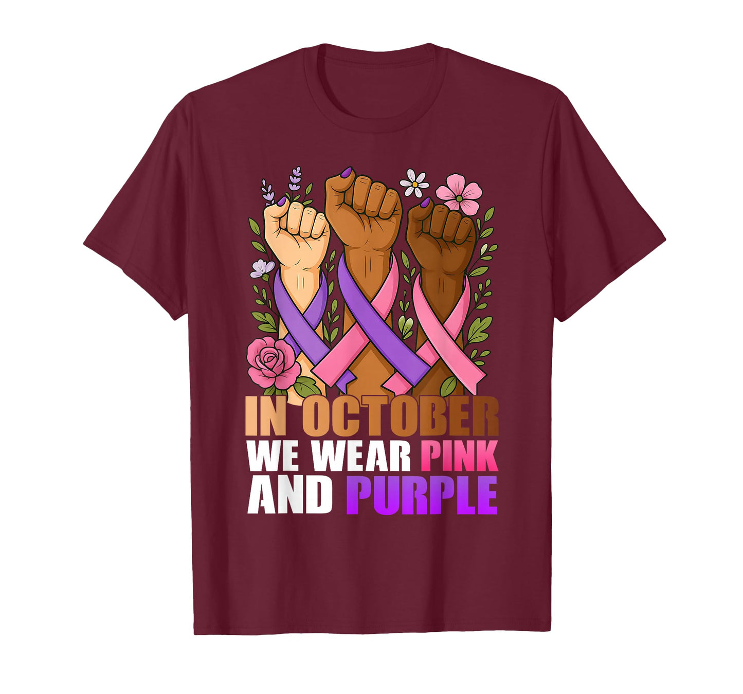 October Breast Cancer Domestic Violence Pink Purple Ribbon T-Shirt
