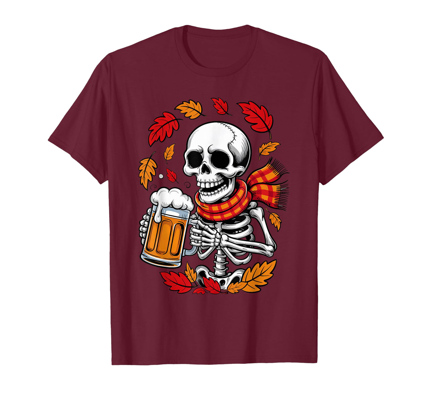 Halloween Skeleton Beer Drinker Funny Autumn Leaves Costume T-Shirt