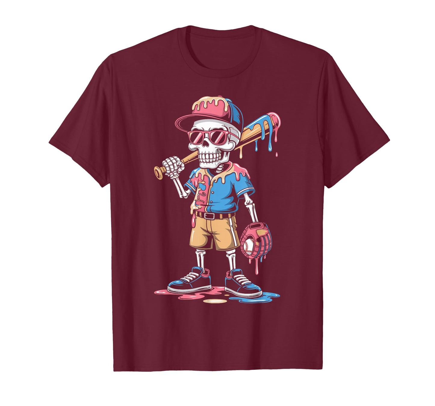 Funny Baseball Skeleton Ice Cream Drip Baseball T-Shirt