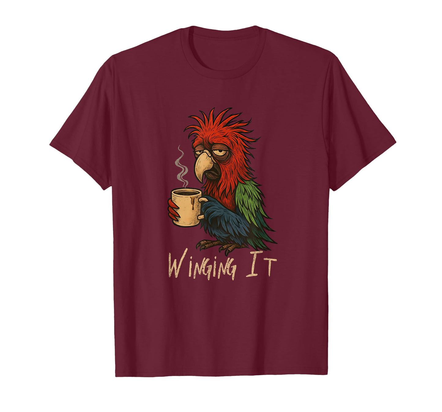 Winging It Macaw Parrot - Funny Tired Bird Drinking Coffee T-Shirt
