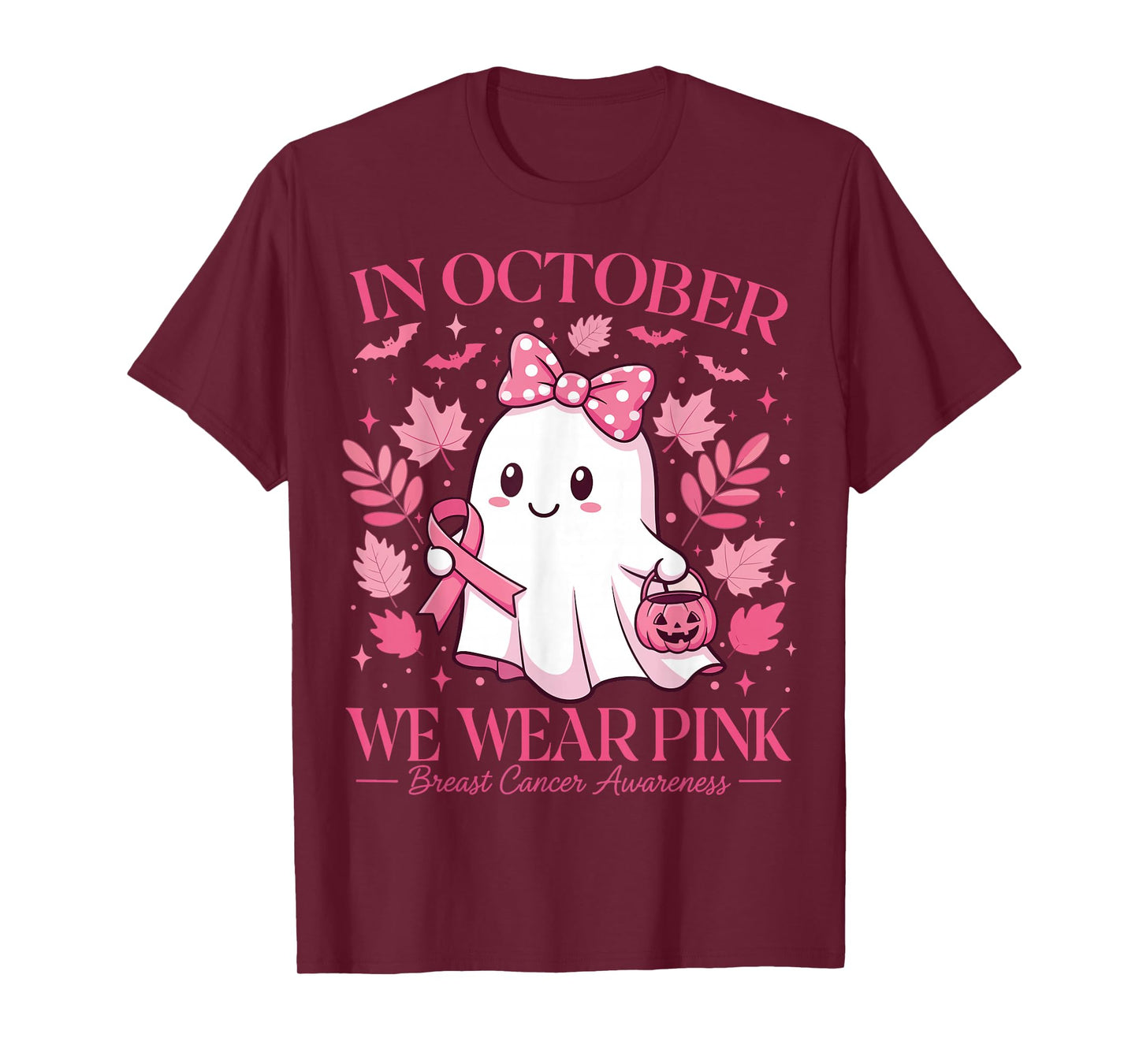 October We Wear Pink Breast Cancer Ghost Halloween Pumpkin T-Shirt