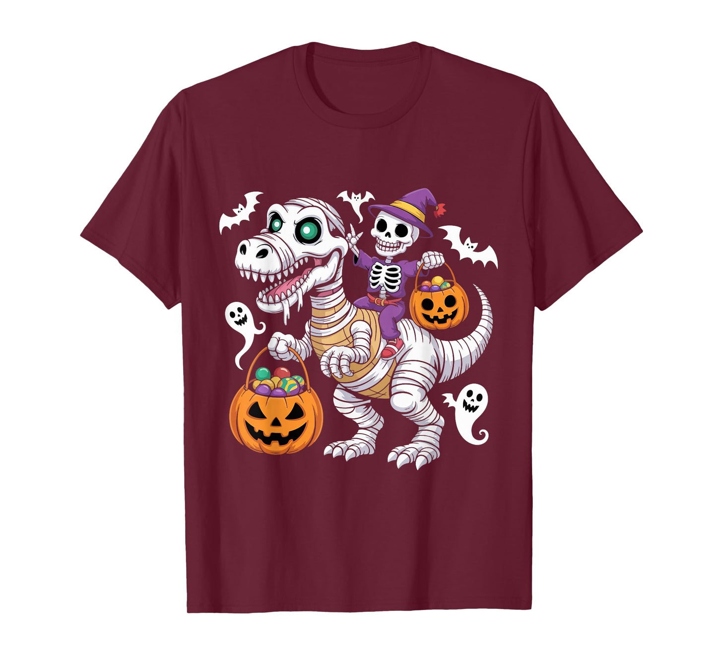 Skeleton Riding Mummy Dinosaur T rex Halloween Funny Pumpkin T-Shirt