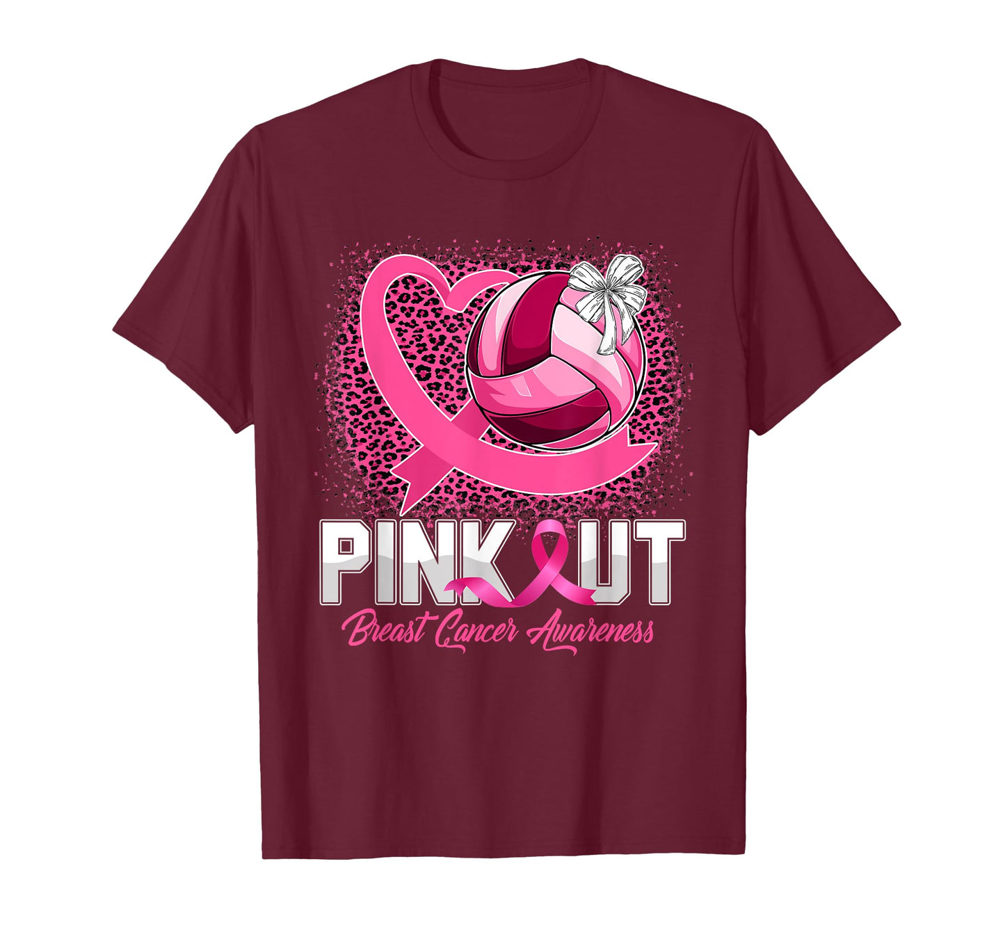 Pink Out Breast Cancer Awareness Volleyball Leopard Bleached T-Shirt