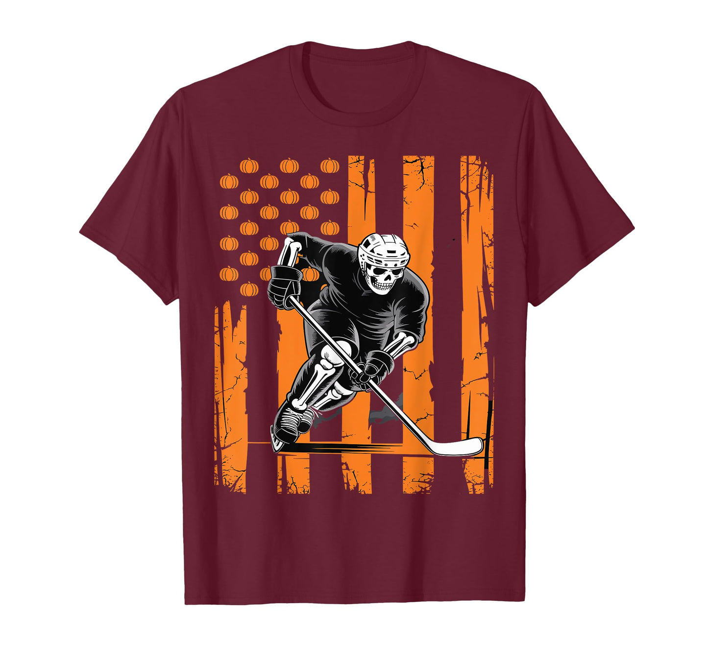 Skeleton Hockey Player Halloween American Flag T-Shirt