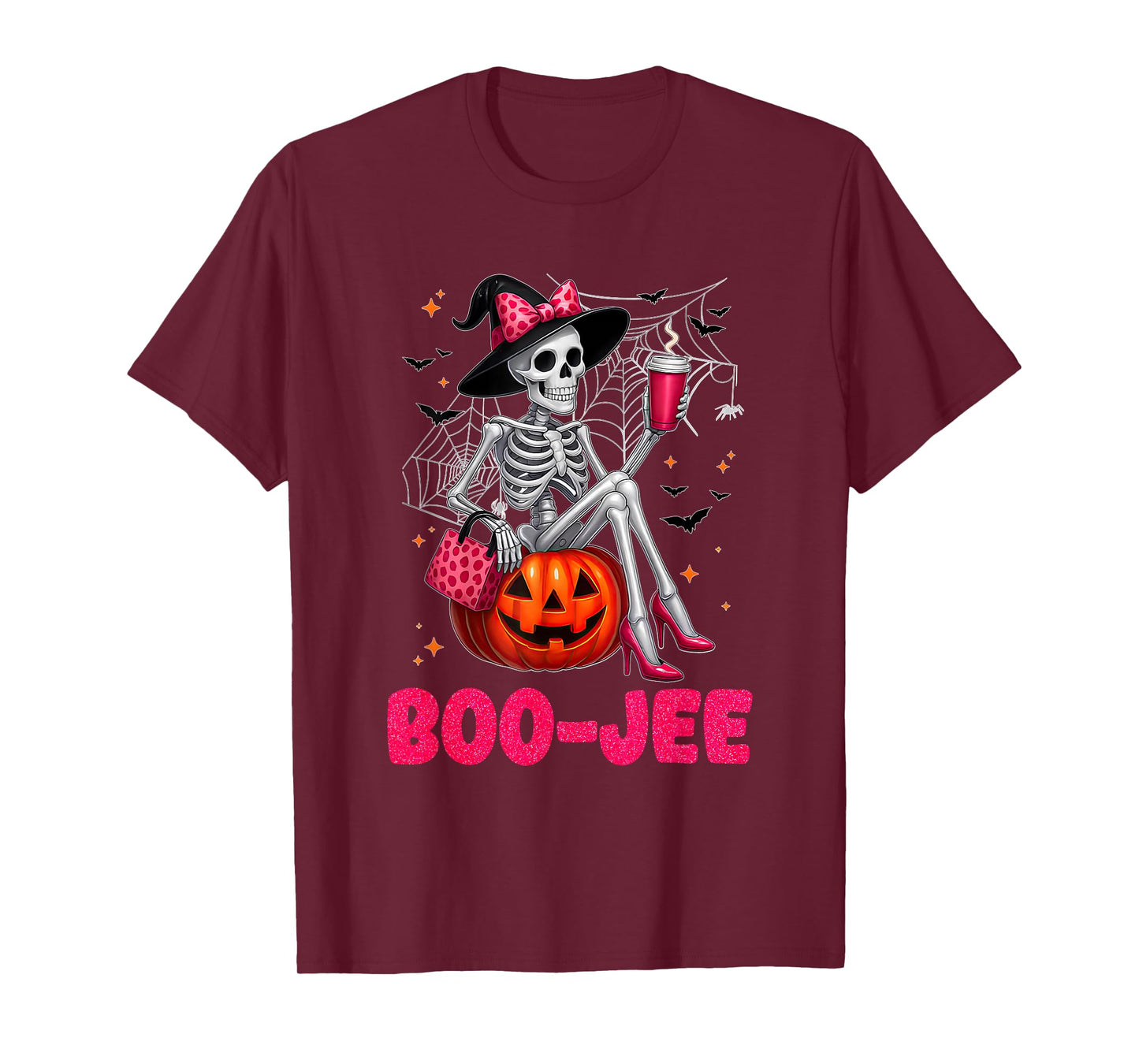 Pink Bow Spooky Witch Skeleton Drinking Halloween Pumpkin T-Shirt
