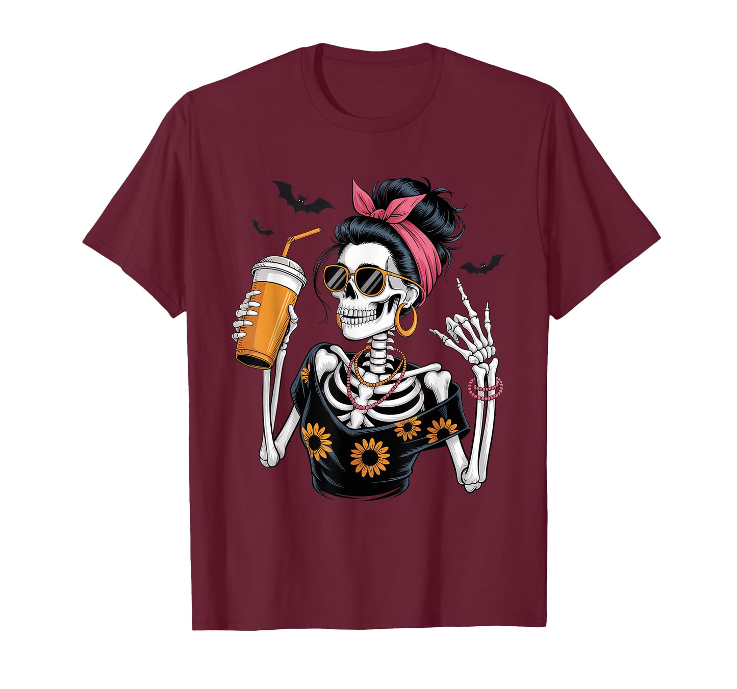 Skeleton Girl Drinking Coffee Peace Sign Graphic for Women T-Shirt