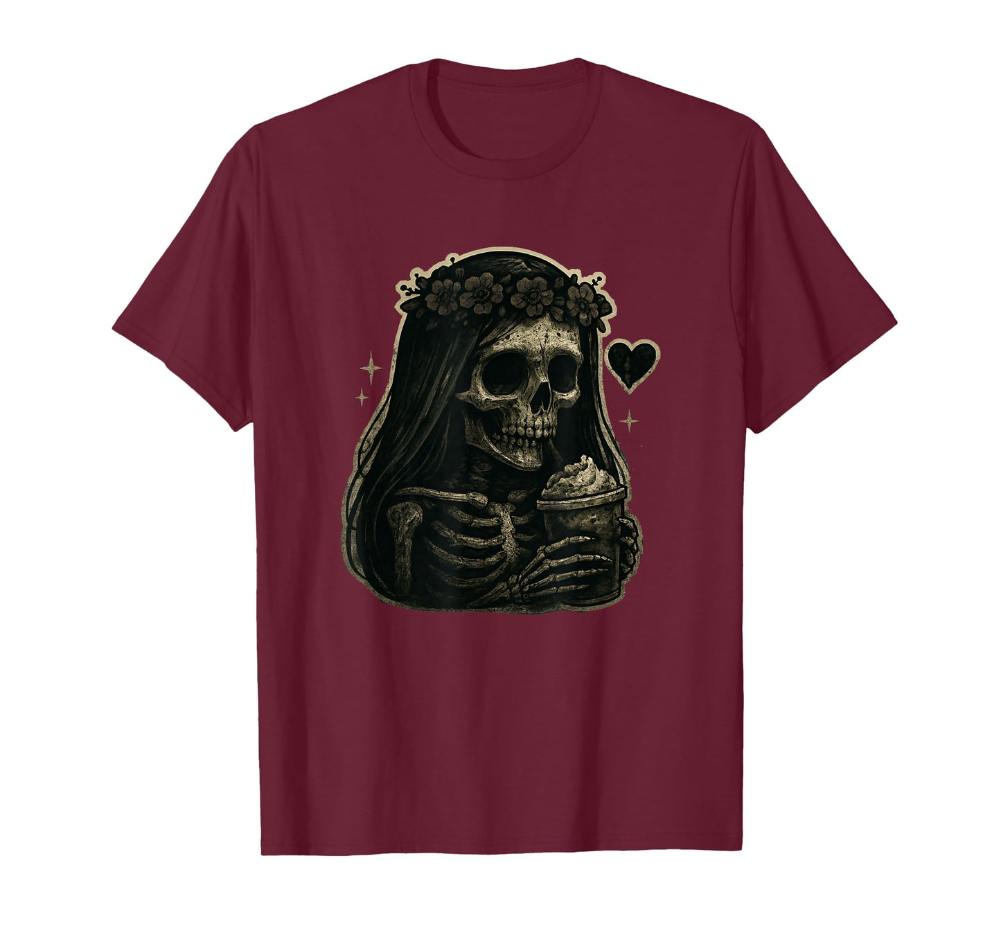 Skeleton Girl Drinking Coffee Peace Sign Graphic for Women T-Shirt