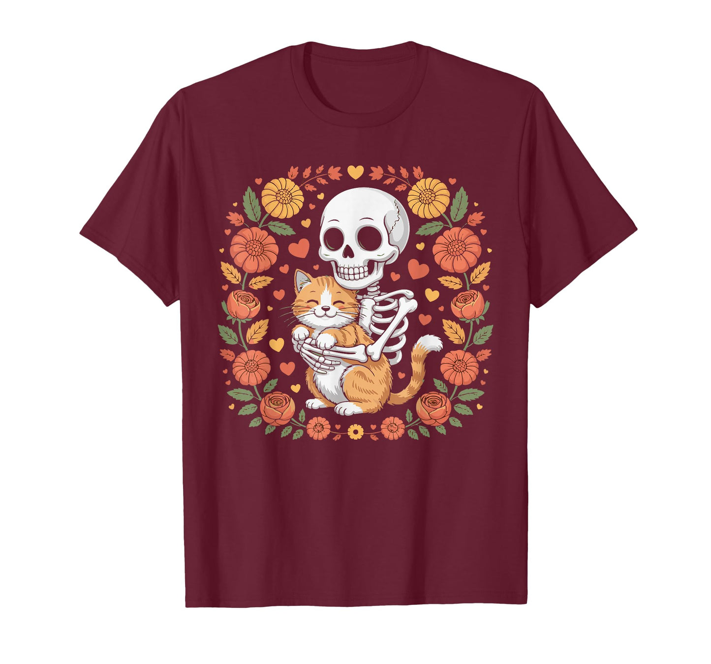 Halloween Skeleton Cat with Floral Design Outfit for Women T-Shirt