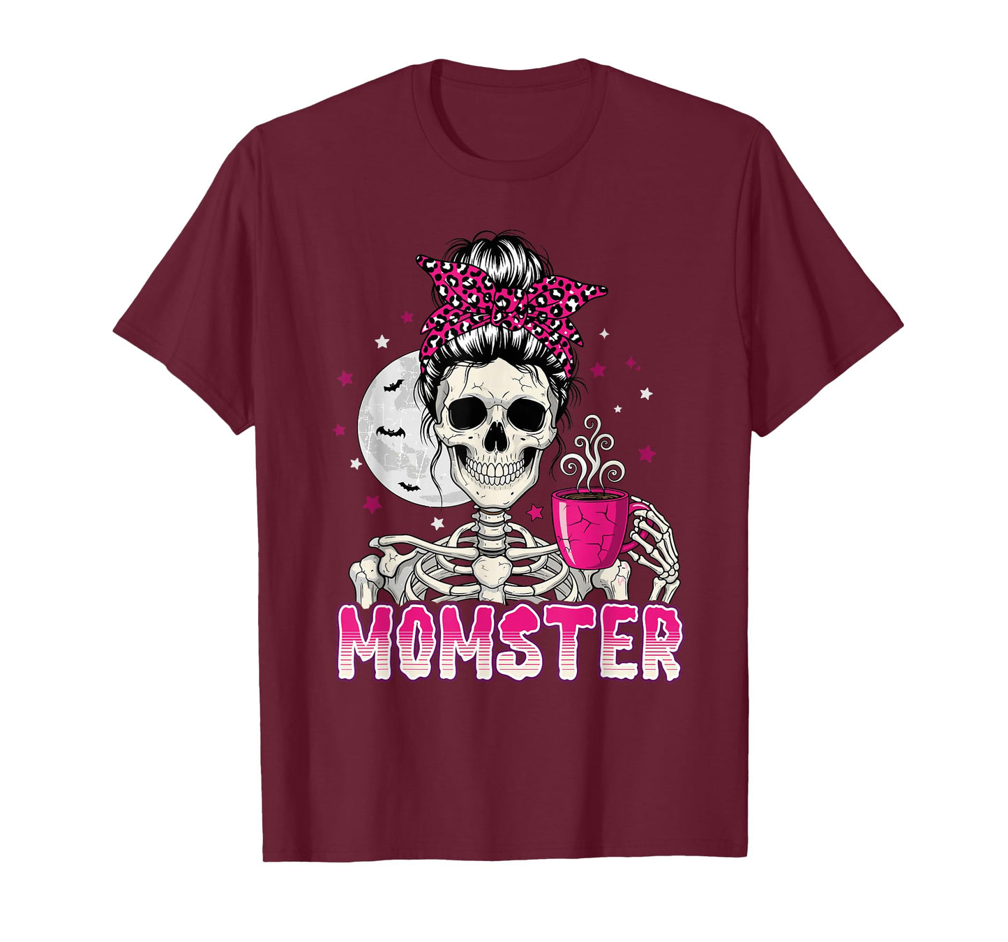 Momster Skull Mom Coffee Lover Halloween Messy Hair Bun Mama T-Shirt