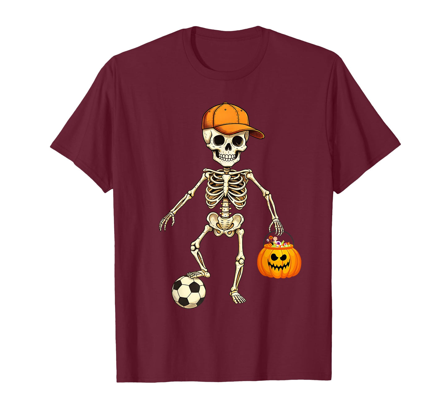 Funny Skeleton Soccer Player Halloween with Pumpkin for Kids T-Shirt