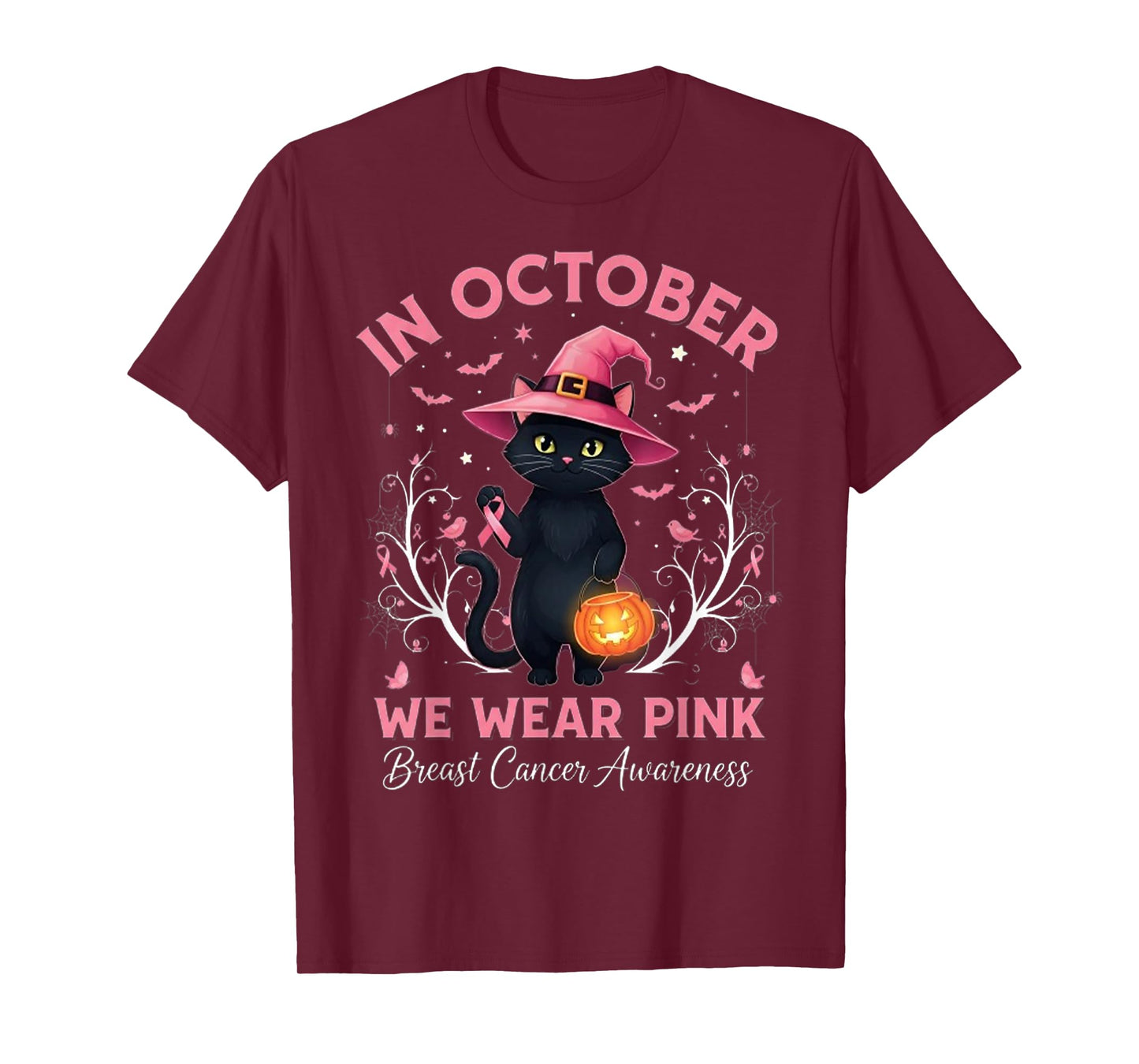 Fun Cat Pink Ribbon in October We Wear Pink Breast Cancer T-Shirt