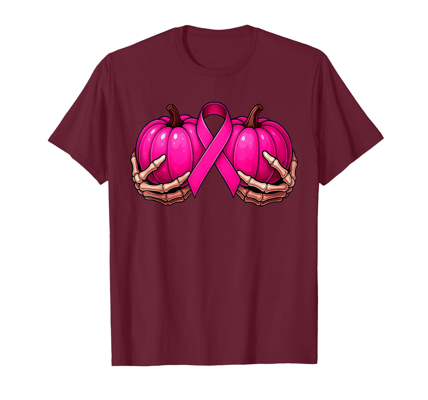 Skeleton Hand Holding Pumpkin Boobs Breast Cancer Awareness T-Shirt