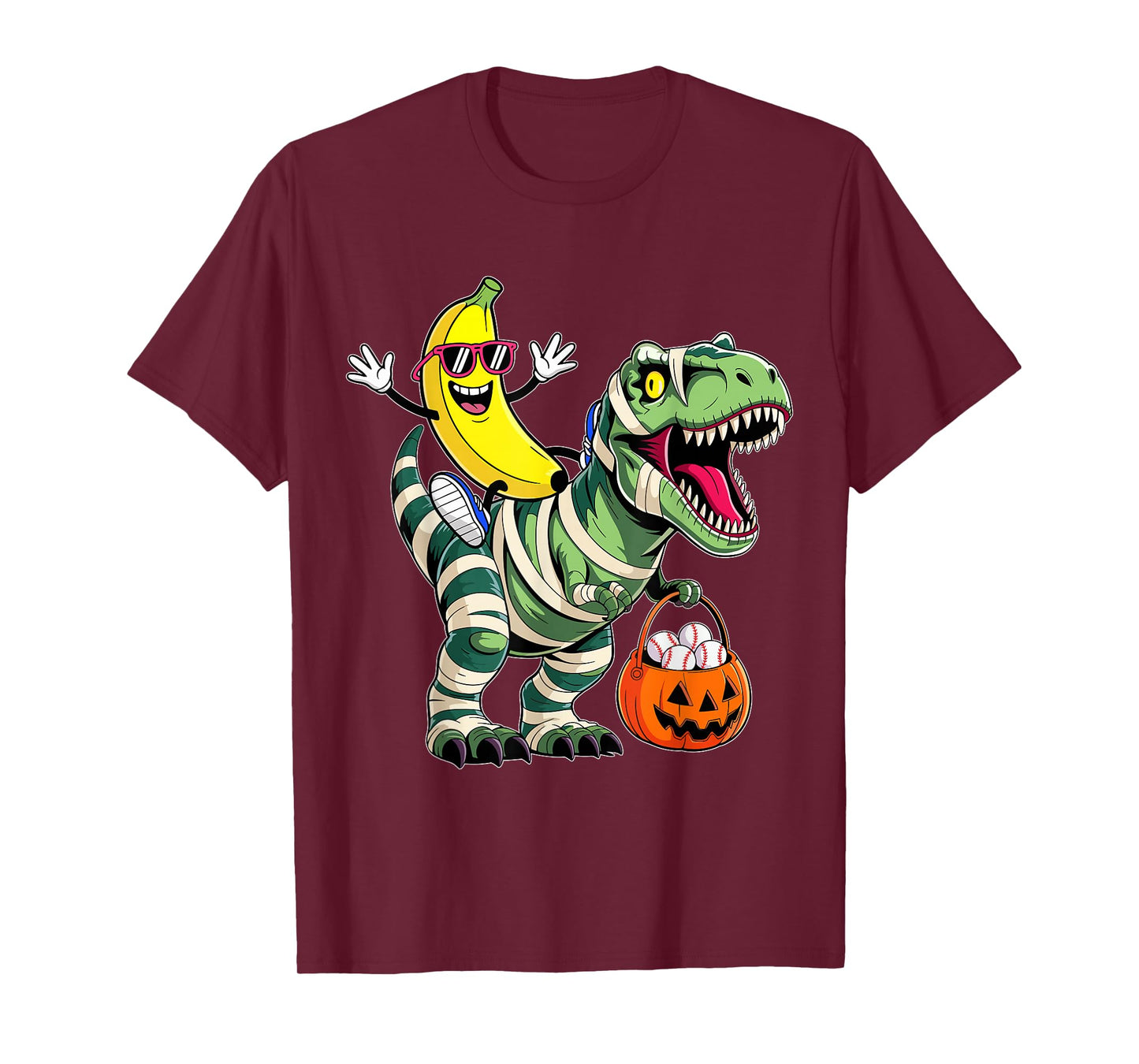 Banana Riding Mummy Dinosaur T rex Halloween Funny Pumpkin T-Shirt