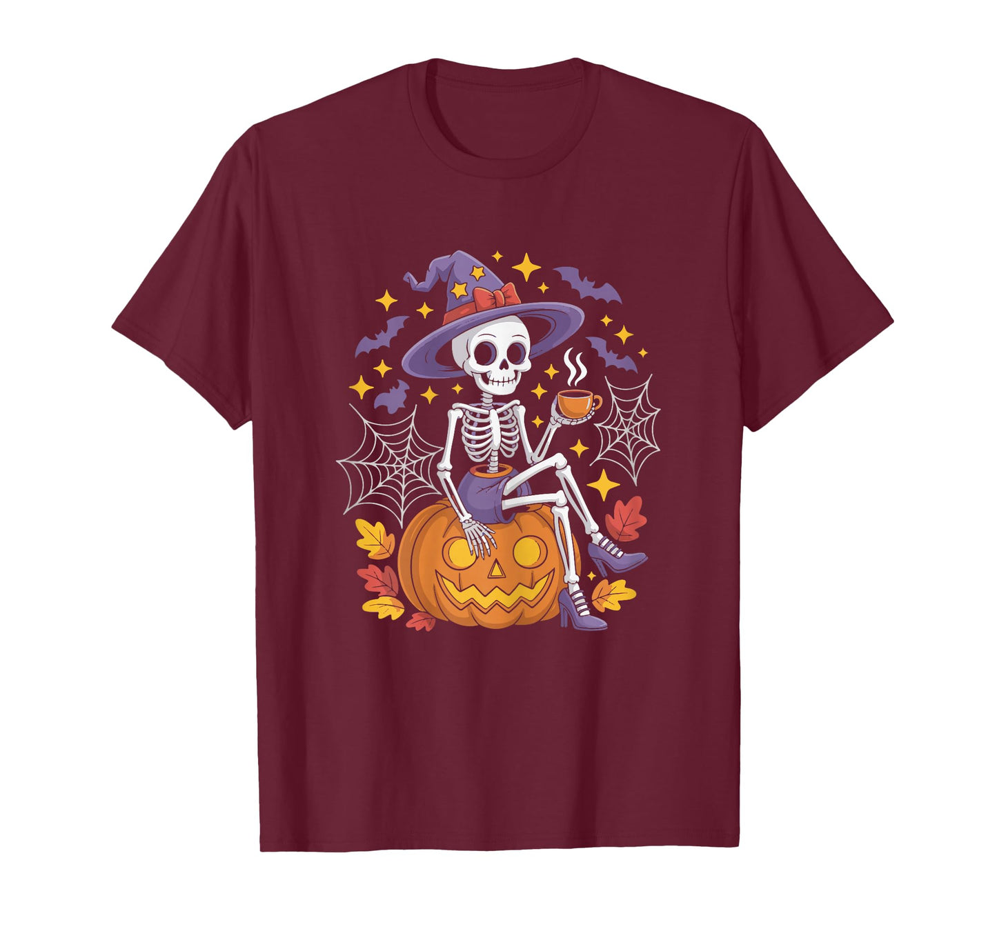 Cute Skeleton Drinking Coffee Halloween Outfit for Women T-Shirt