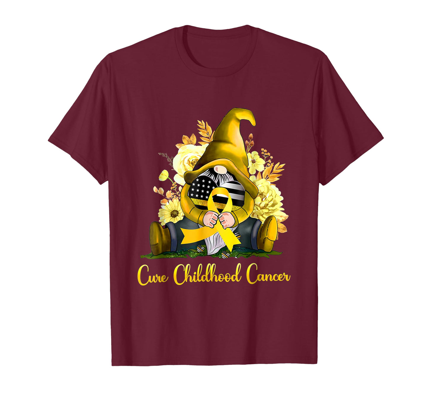 Cure Childhood Cancer Awareness Gold Ribbon Gnome Sunflower T-Shirt