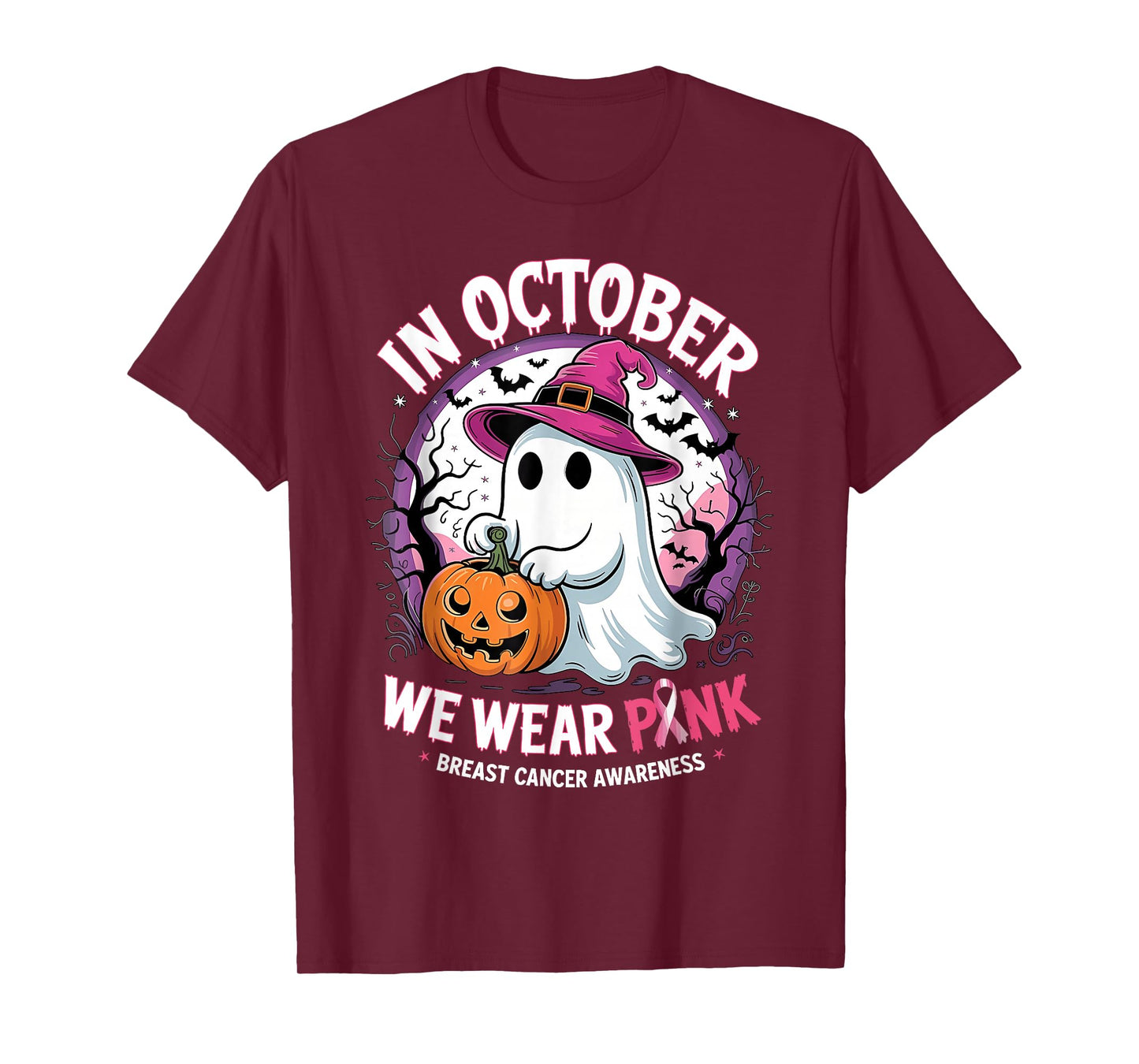 in October We Wear Pink Ghost Witch Breast Cancer Awareness T-Shirt