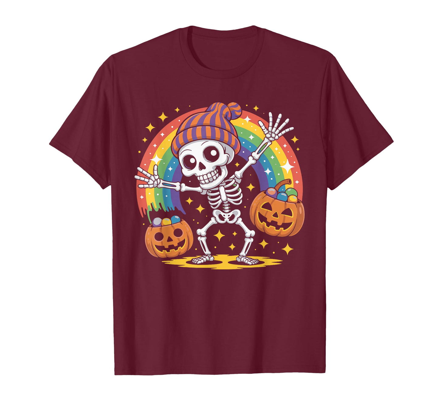 Halloween Rainbow Skeleton Pumpkin Trick or Treat Costume T-Shirt