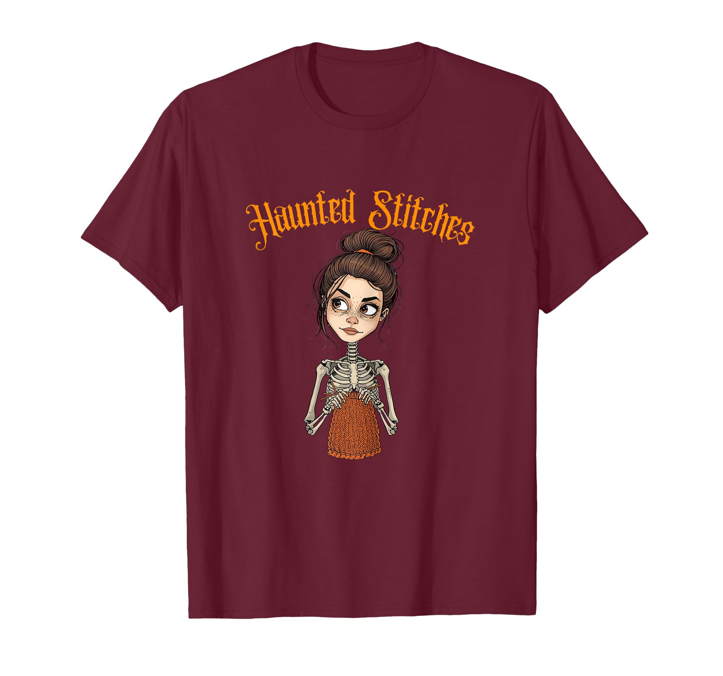 Haunted Stitches Skeleton Woman Knitting Halloween T-Shirt