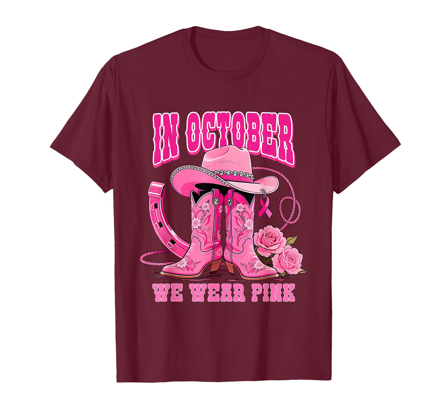 Western Cowgirl in October We Wear Pink Breast Cancer Ribbon T-Shirt
