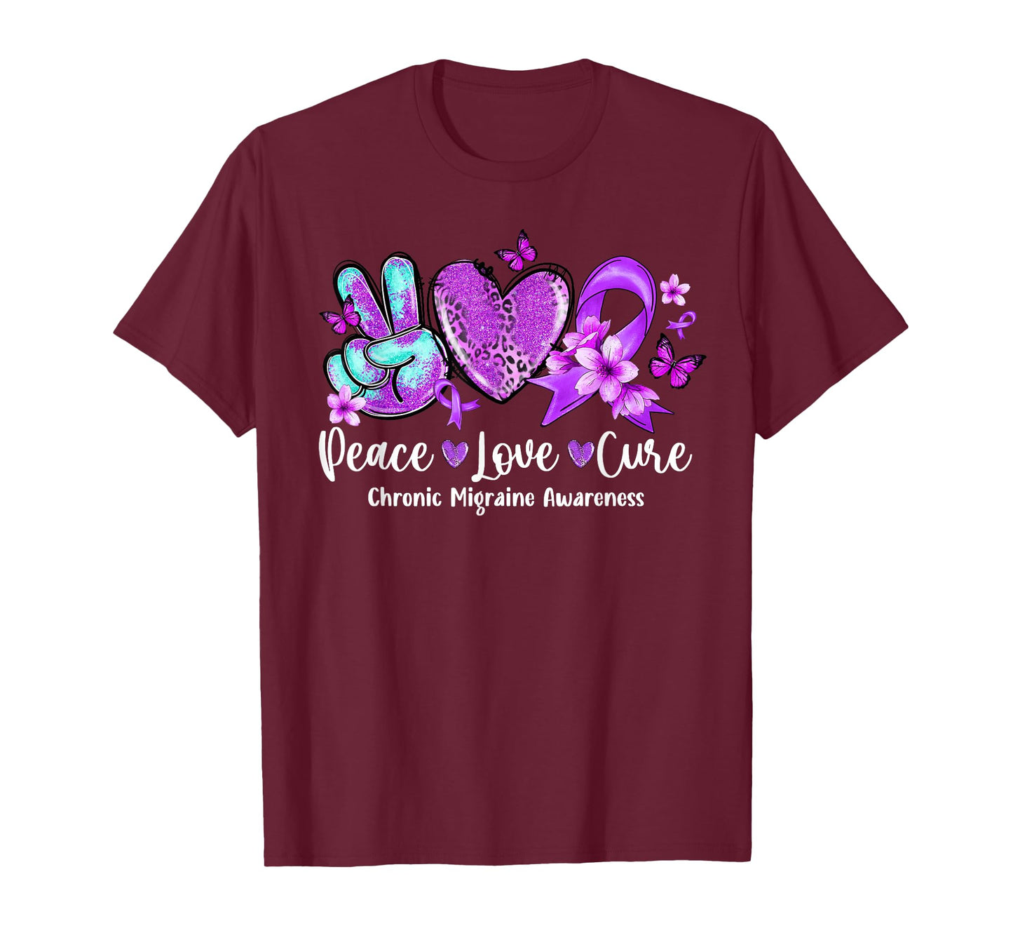 Peace Love Cure Purple Ribbon Chronic Migraine Awareness T-Shirt