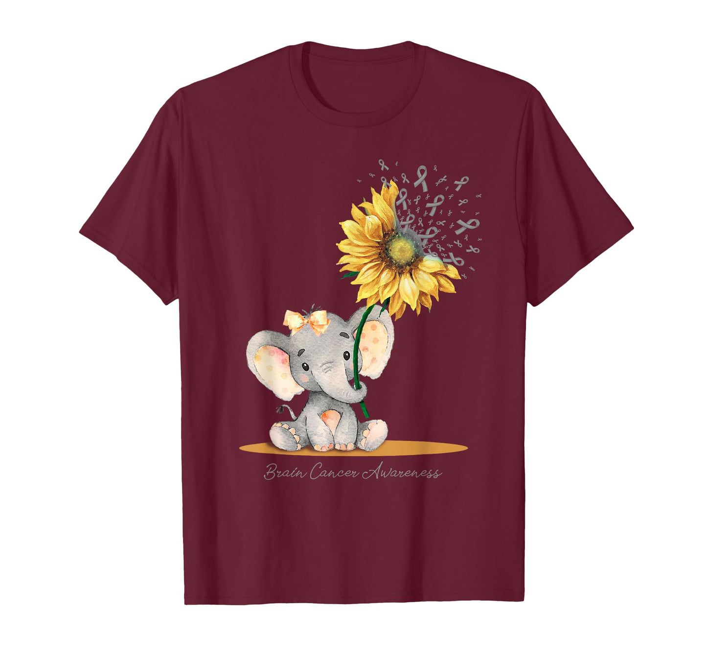 BRAIN CANCER AWARENESS Cute Elephant Sunflower Gray Ribbon T-Shirt
