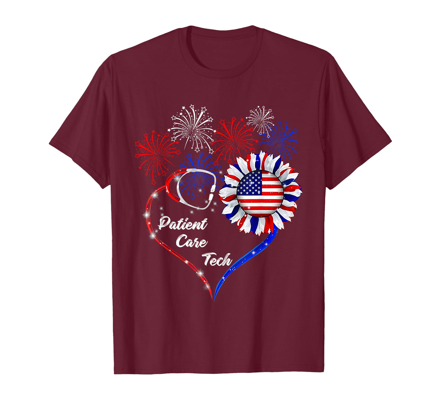 American Flag July 4th Firework Sunflower Patient Care Tech T-Shirt