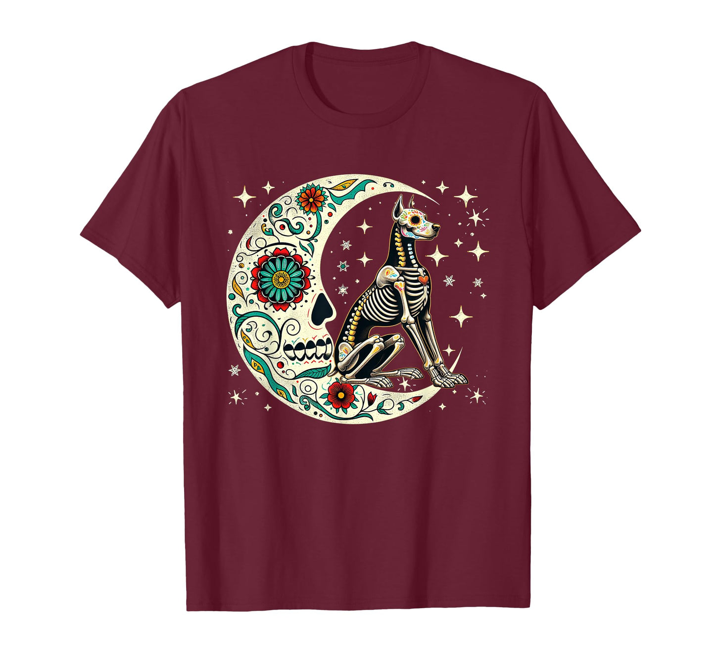 Dia De Los Muertos Halloween Moon Floral Skeleton Dobermann T-Shirt