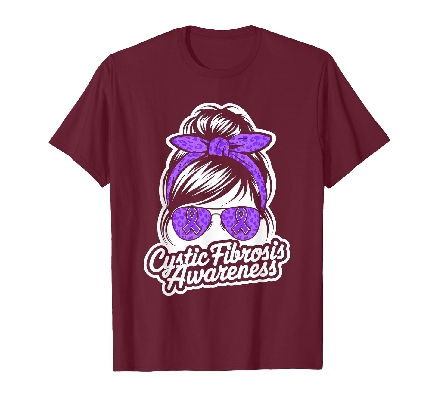 Cystic Fibrosis Awareness Messy Hair Bun Purple Ribbon T-Shirt