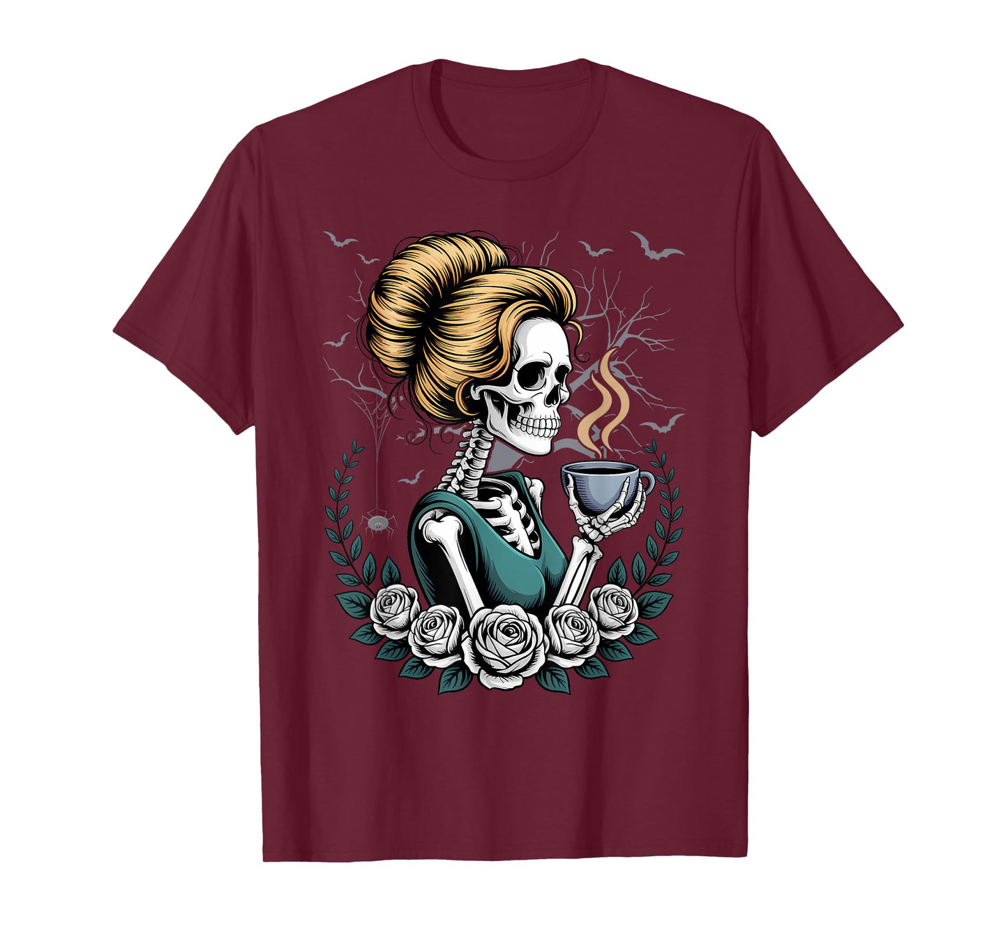Messy Bun Skeleton Drinking Coffee Vintage Halloween Funny T-Shirt