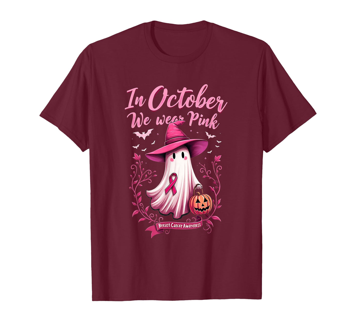 Cute We Wear Pink Ghost Witch Hat Breast Cancer Awareness T-Shirt