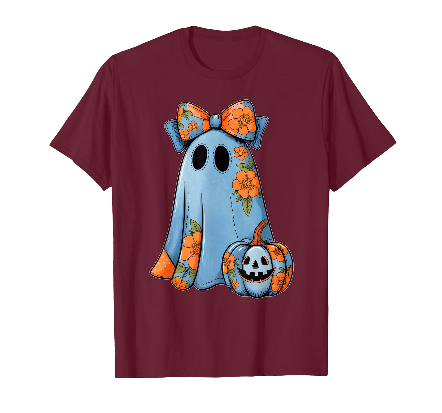 Floral Ghost Pumpkin Bow Halloween Costume Women Girls Kids T-Shirt