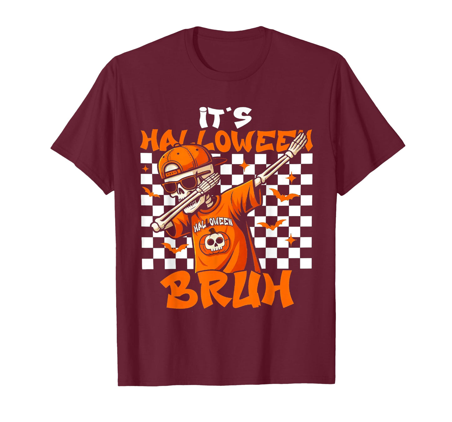 Retro Checkered It's Halloween Bruh Dabbing Skeleton Spooky T-Shirt