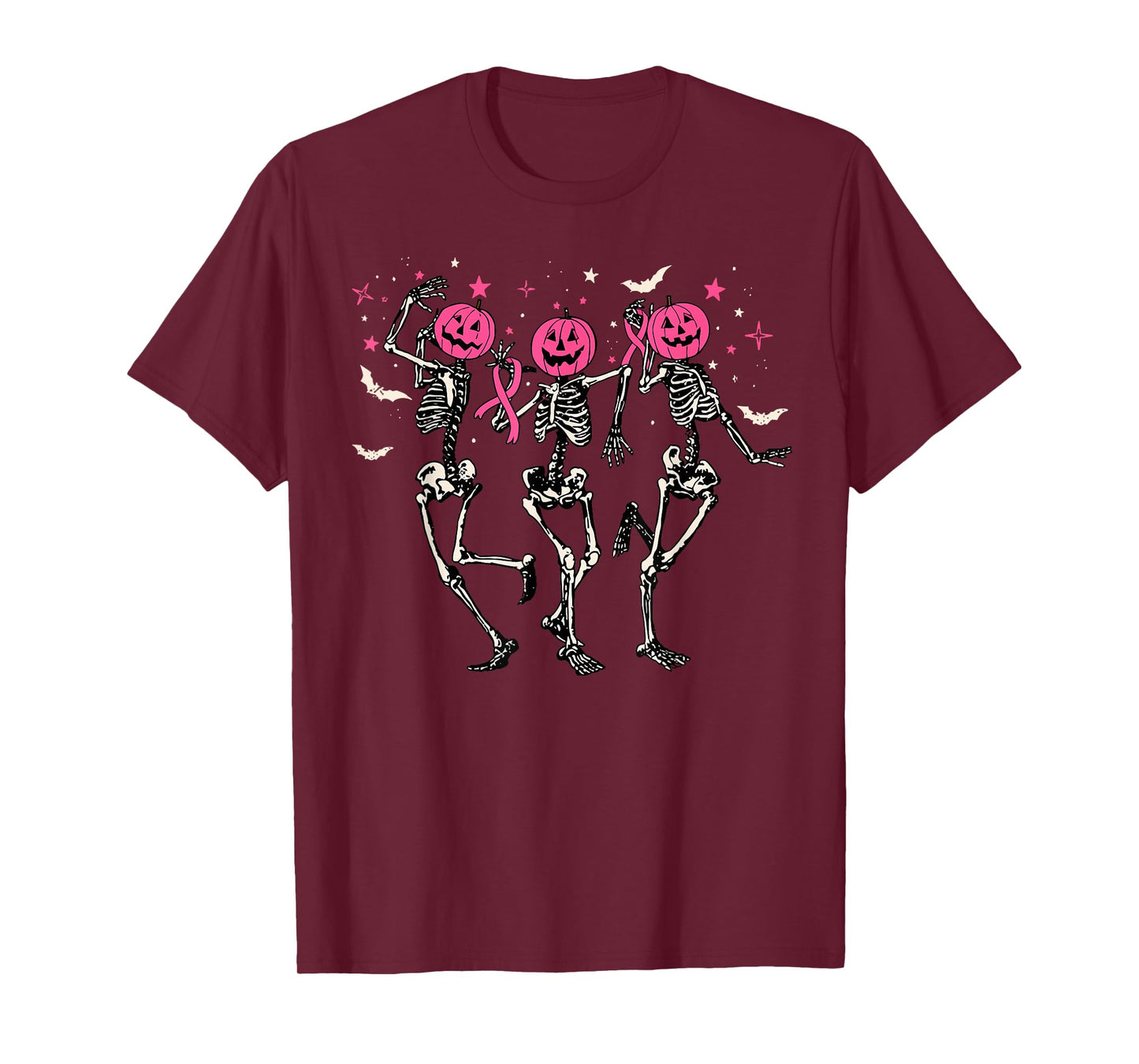 Skeleton Dancing Pink Pumpkin Breast Cancer Awareness Ribbon T-Shirt