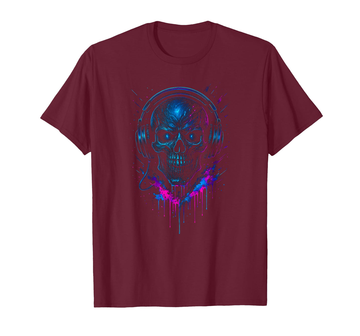 Skull DJ Headphones - 90s Vaporwave Paint Drip Y2K Halloween T-Shirt