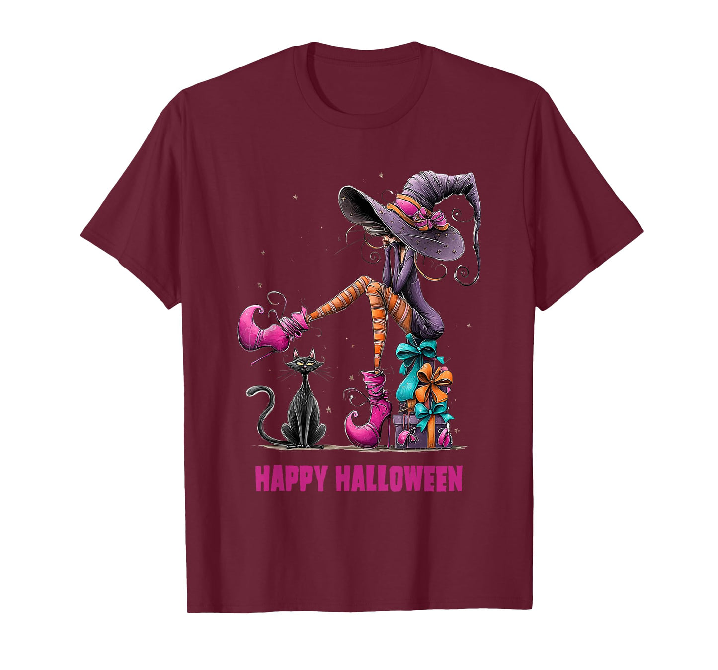 Spooky Witch High Heels with Black Cat Halloween Pumpkin T-Shirt