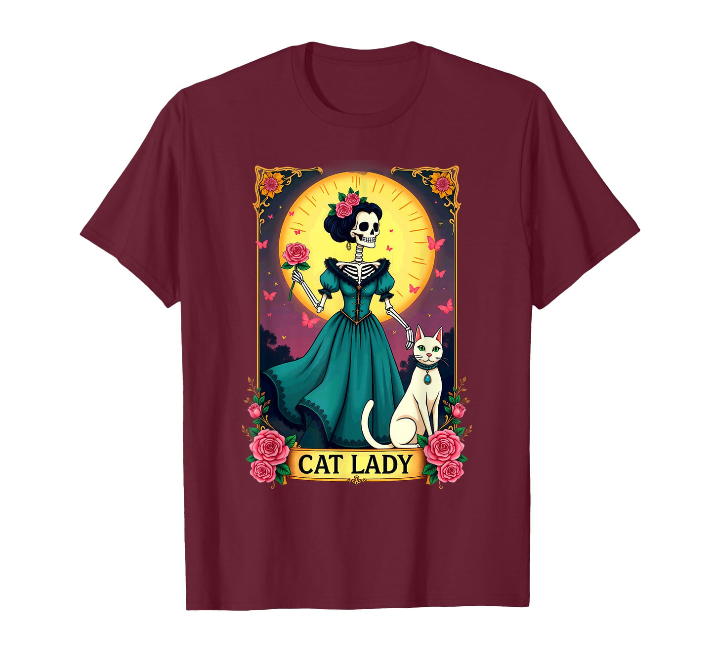 Retro Cat Lady Tarot Card Skeleton Halloween T-Shirt