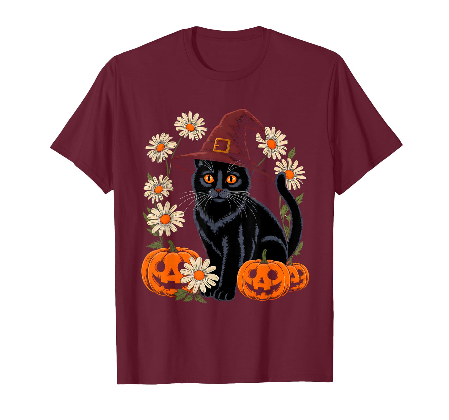 Retro Floral Black Cat Pumpkin Autumn Halloween Men Women T-Shirt